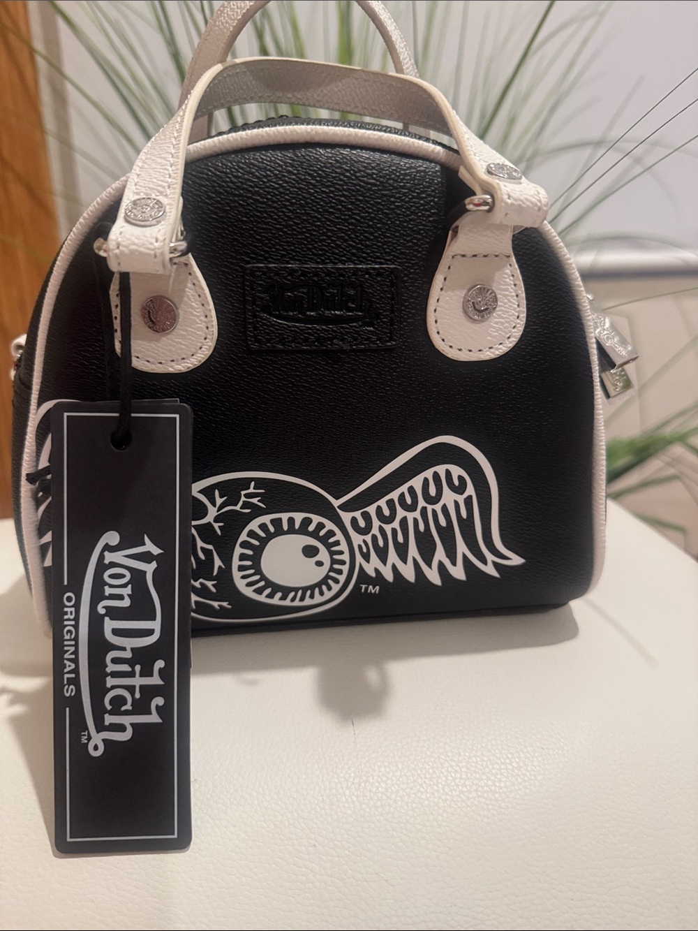 Von Dutch Sherpa Bowling Black & White Mini Satchel with Winged Eye Graphic